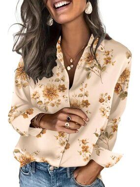 Zeagoo Women's Champagne Floral V Neck Long Sleeve Silk Satin Button Down Shirts
